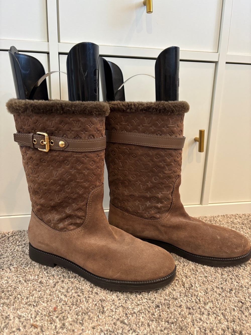 Louis Vuitton Brown Suede Fur-Trim Mid-Calf Boots